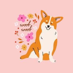 Cute welsh corgi dog with flower buds, and lettering. Hand-drawn dog in contemporary flat style. Cartoon animal, pet, purebred dog. 