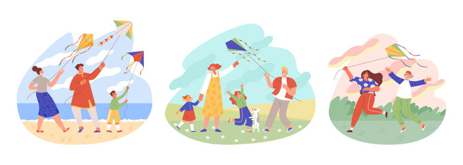 Fototapeta premium People flying kite together in nature, by the sea and in the field, flat vector illustration on white background.