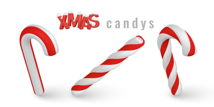 Set of 3d Christmas candy canes. Template for xmas or New Year greeting card. Vector illustration