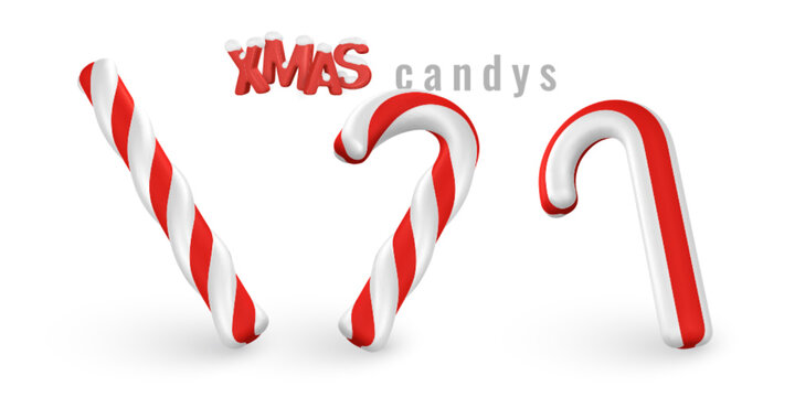 Set of 3d Christmas candy canes. Template for xmas or New Year greeting card. Vector illustration