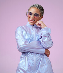 Future fashion, bright color and a black woman happy with tongue out and pink background. Creative...