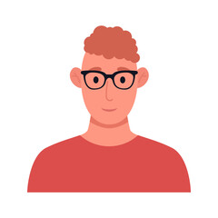 Redhead young man in glasses in red t-shirt. Male character icon. Vector flat illustration.