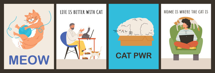 Set of posters about cat's behavior flat style, vector illustration