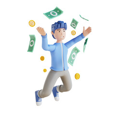 3D illustration man happy flying money