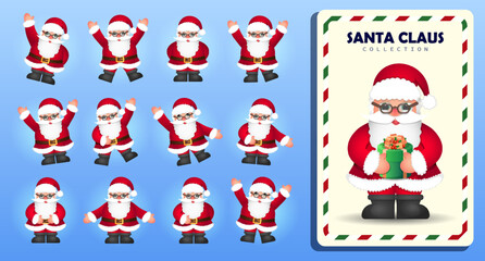 Collection of cartoon funny Santa Claus in different poses. Cheerful Santa in various poses and with green gift box in hands. Smiling Xmas characters standing on a floor. Christmas decoration