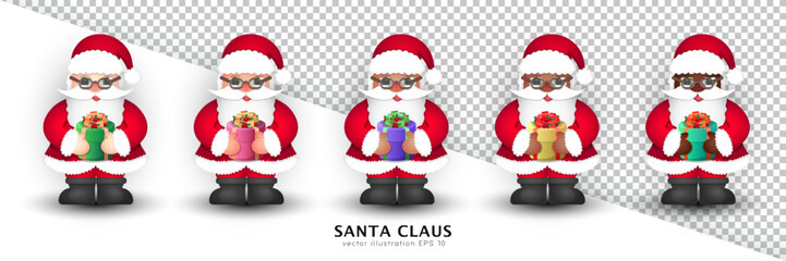 Funny Santa Claus collection with various skin color. Cheerful Santa holding colorful 3d gift box. Smiling Christmas characters isolated on white and transparent background. Diversity concept.