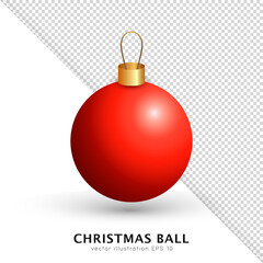 Cartoon 3d hanging bright red Christmas ball with golden metal and string isolated on white and transparent background. Realistic template of holiday decoration for Xmas tree. New year bauble, toy