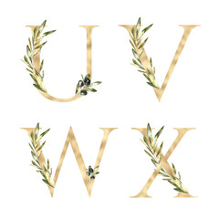 Watercolor gold letter U,V,W,X floral olive alphabet illustration.Botanical greenery uppercase leves decor for wedding invite, logo, baby shower, Monogram initials for frame art, poster, new baby name