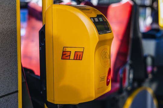 Warsaw, Poland - September 31, 2021: Ticket validating machine in a public bus in Warsaw city