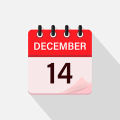 December 14, Calendar icon with shadow. Day, month. Flat vector illustration.
