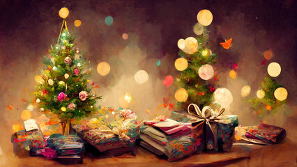 Fototapeta na wymiar Weihnachtliches Dekobanner mit Weihnachtsbaum und Geschenke, Hintergrund Illustration