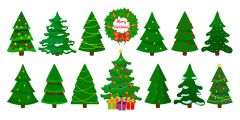 Vector set of cartoon Christmas trees, pines for greeting card, invitation,banner, web. New Years and xmas traditional symbol tree with garlands, light bulb,  star, gifts. Winter holiday. 