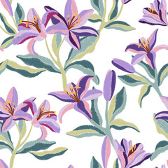 Vibrant floral pattern blossom flowers lilies seamless background. Ornament for clothes, textiles, interior, gift wrapping, postcards, invitations