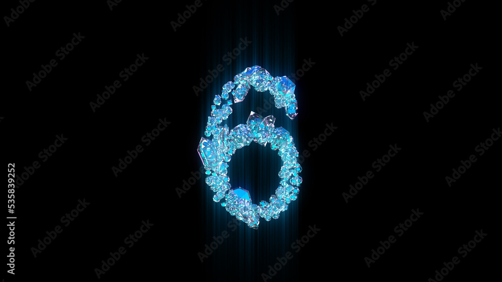 Poster blue diamonds or ice number 6 on black background, isolated - object 3d rendering