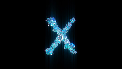 blue diamonds or ice letter X on black backdrop, isolated - object 3D illustration