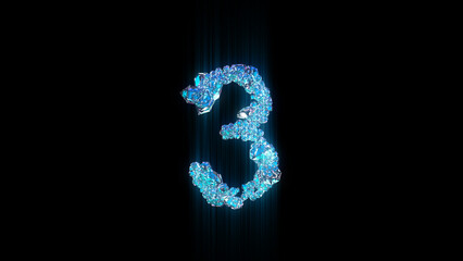 blue diamonds or frozen ice number 3 on black backdrop, isolated - object 3D illustration
