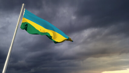 pretty Rwanda flag on massive dark clouds bg - abstract 3D illustration