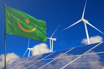 Mauritania renewable energy, wind and solar energy concept with windmills and solar panels - renewable energy - industrial illustration, 3D illustration