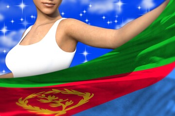 beautiful girl holds Eritrea flag in front on the blue colorful clouds - flag concept 3d illustration