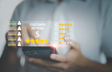 Customer review satisfaction feedback survey concept, User give rating to service experience on online application, Customer can evaluate quality of service leading to reputation ranking of business.