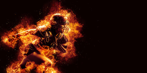 Burning American football player woman on dark background with space for text