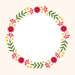 Fototapeta na wymiar Autumn background template. Circle frame of fall leaves, herbs and berries with blank space for text or photo. Vector 10 EPS.