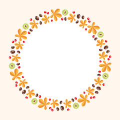 Autumn background template. Circle frame of fall leaves, herbs and berries with blank space for text or photo. Vector 10 EPS.