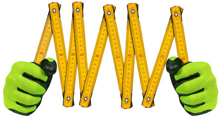 Manual worker with protective work gloves, holding an old yellow and orange folding ruler (meter),...