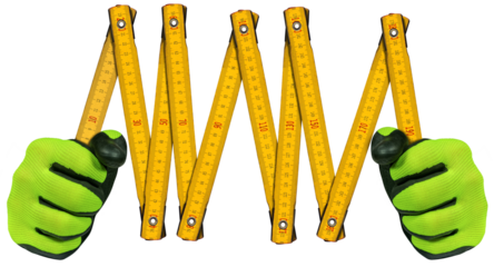 Manual worker with protective work gloves, holding an old yellow and orange folding ruler (meter), isolated on white or transparent background, photography, png.