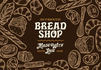 Bakery label and packaging design template for baked products branding and packaging. Vector baguette illustration