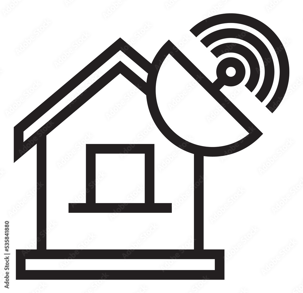 Poster home antenna icon. . satellite dish on house roof. tv receiver