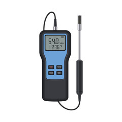 Thermohygrometer with probe on a white background. Measuring device designed to determine humidity and temperature. Vector illustration.
