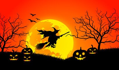 Halloween background with full moon, witch, pumpkin and bats illustration