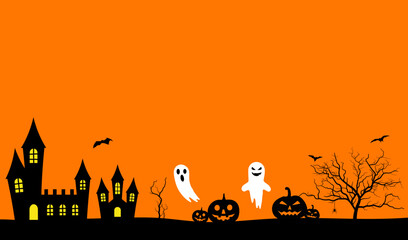 Halloween background with castle, pumpkin, cute ghost and bats illustration