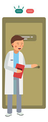 Obraz premium Doctor calling next patient in x-ray room. Radiology door