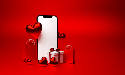 Mobile Phone with heart & gift box 3d rendering 