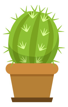 Cactus In Flowerpot. Cute Cartoon Green House Plant