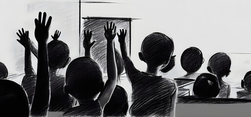 Children Participation Concept Design. Black And White Background. Digital Art Illustration. - obrazy, fototapety, plakaty