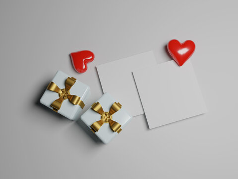 Photo frame mockup with heart, gift box 3d rendering 