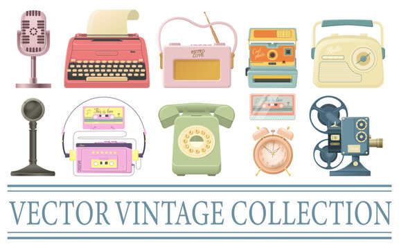 Vintage tech vector set. Microphone, typewriter, telephone, radio, movie camera, camera, player, cassette.