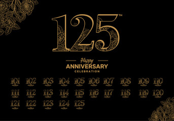 Happy anniversary celebration icon logo with gold flower on black background 101, 102, 103, 104, 105, 106, 107, 108, 109, 110, 111, 112, 113, 114, 115, 116, 117, 118, 119, 120, 121, 122, 123, 124, 125
