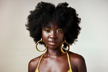 Beauty yellow makeup or black woman portrait of model with fashion, facial makeup or hair care with...