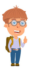 School boy. Walking kid with backpack. Cartoon smart child