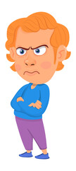 Angry man crossed arms. Red hair cartoon character.