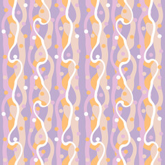 Hippie aesthetic seamless pattern in retro 1970s style. Groovy waves print for tee, textile, fabric, paper. Abstract geometric background for decor and design.