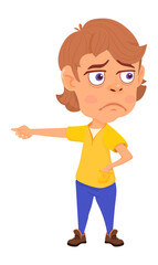 Sad boy points at left direction. Cartoon character.