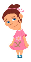 Little girl smiling. Shy cartoon character in cute dress.