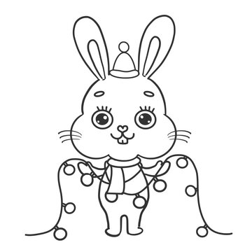 rabbit with the lights coloring page. On transparent backgound and printable with high quality. 