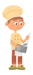 Chef kid serving soup. Boy holding ladle and cooking pot