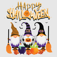 Three gnomes with witch hats a cauldron, Halloween pumpkin. Happy Halloween concept Vector illustration.